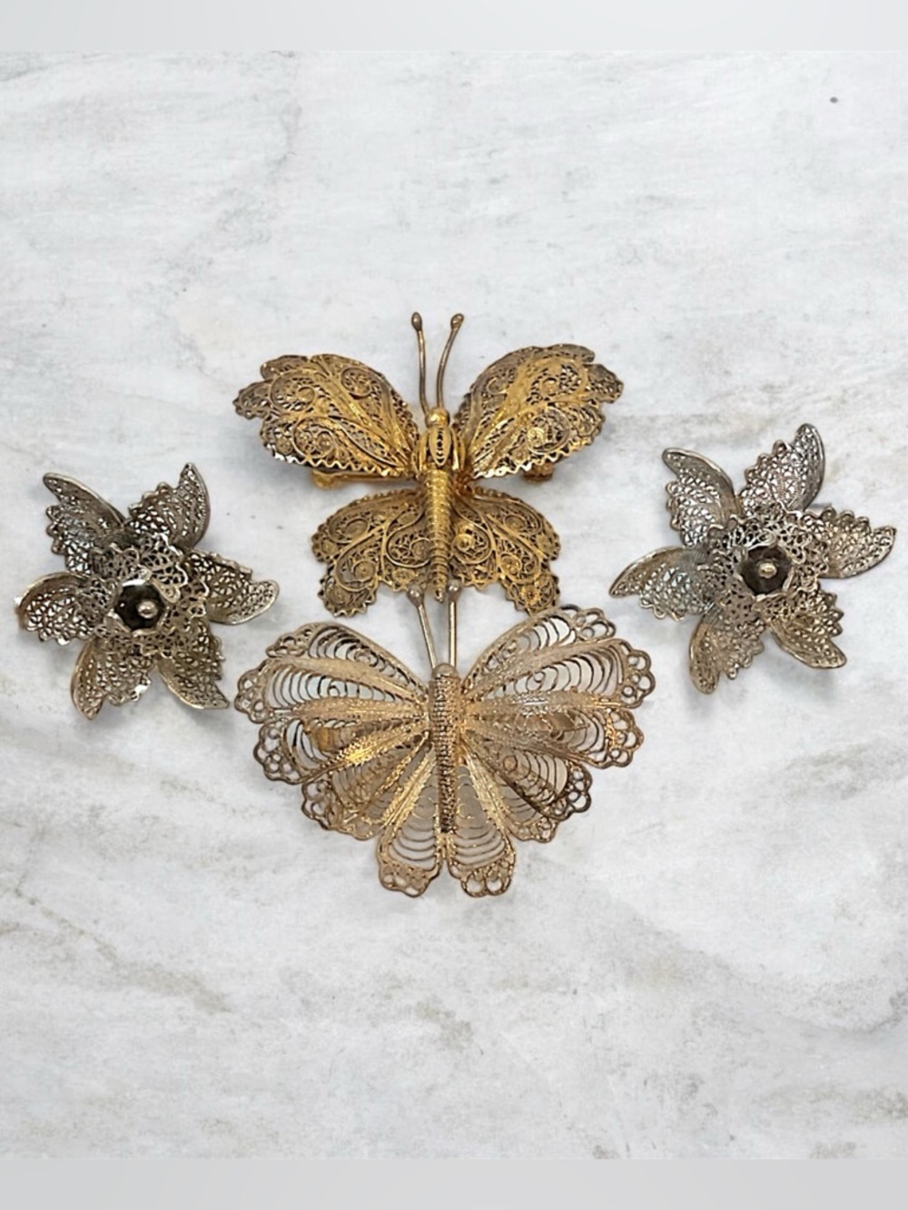 Vintage Jewelry Lot Sterling Silver Filigree Butterfly and Flower Brooch Earring
